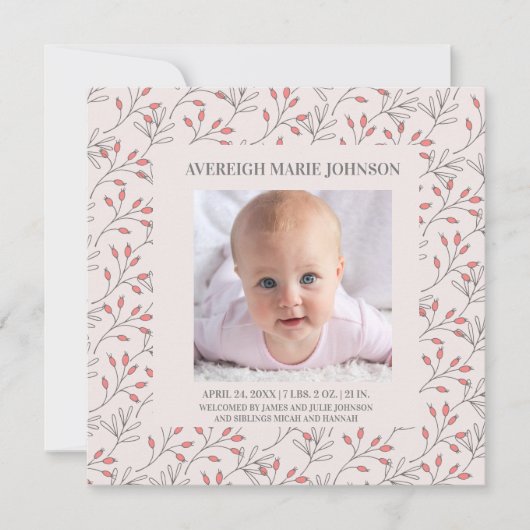 ソフトピンクベリー赤ちゃん女の子の誕生のお知らせ 案内状 (正面)