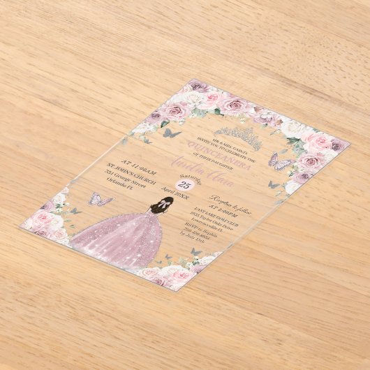 ソフトピンクホワイトフローラプリンセスキンセアニラXV 16 アクリル招待状 (レイダウン)