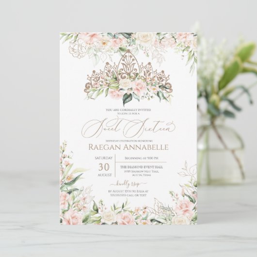 ソフトピンクホワイトローズエレガントスウィート16誕生日 招待状 (スタンド正面)