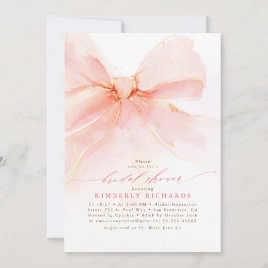 ソフトピンクボウエレガントブライダルシャワー 招待状 (正面)