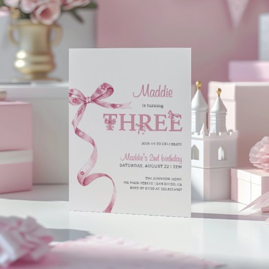 ソフトピンクボウサード誕生日ガール 招待状