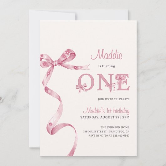 ソフトピンクボウファースト誕生日ガール 招待状 (正面)