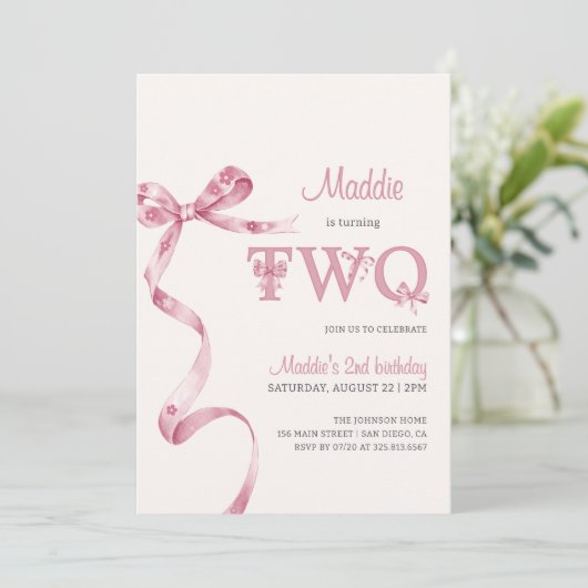 ソフトピンクボウ第2誕生日ガール 招待状 (スタンド正面)