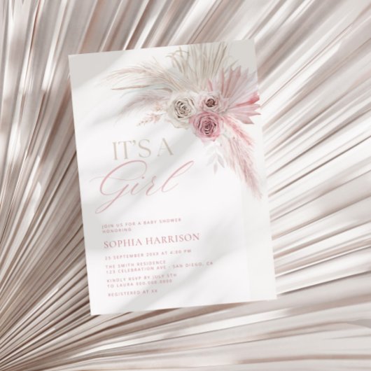 ソフトピンクボホアーチガールベビーシャワー 招待状