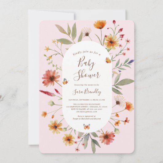 ソフトピンクボホ水彩野草赤ちゃんシャワー 招待状 (正面)