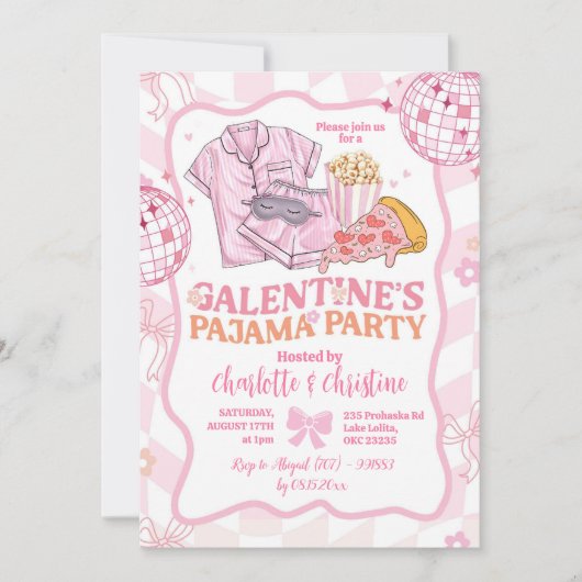 ソフトピンクレトロガレンティーズパジャマパーティー 招待状 (正面)
