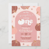 ソフトピンクレトロパンプキンフラワル1歳誕生日 招待状 (正面)
