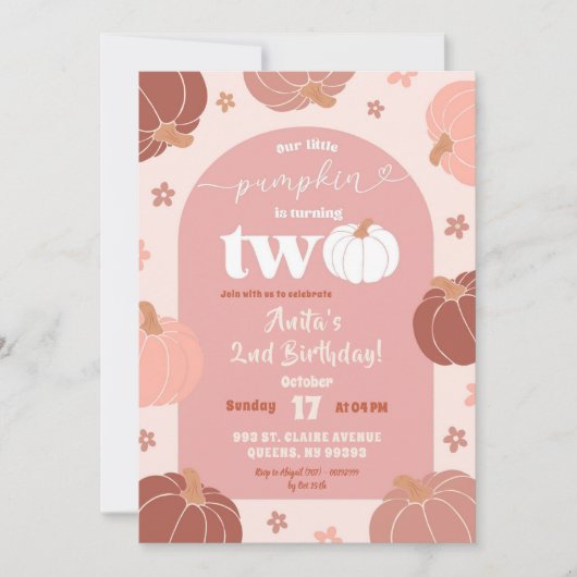 ソフトピンクレトロフローラカボチャ2ndバースデーガール 招待状 (正面)
