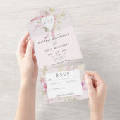 ソフトピンクロマンチックハートヴィンテージフローラいいえディナー オールインワン招待状 (貼ってはがせる)