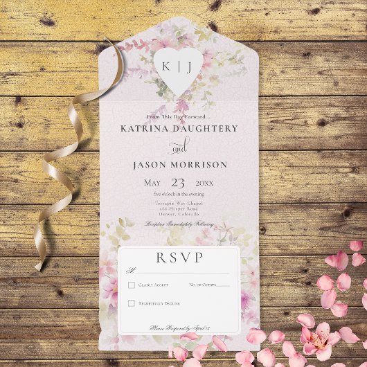 ソフトピンクロマンチックハートヴィンテージフローラいいえディナー オールインワン招待状