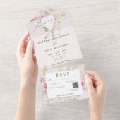 ソフトピンクロマンチックハートヴィンテージフローラQRコード オールインワン招待状 (貼ってはがせる)
