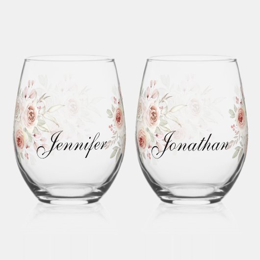 ソフトピンクロマンチックバラオンホワイト結婚ズ ステムなしワイングラス (正面)