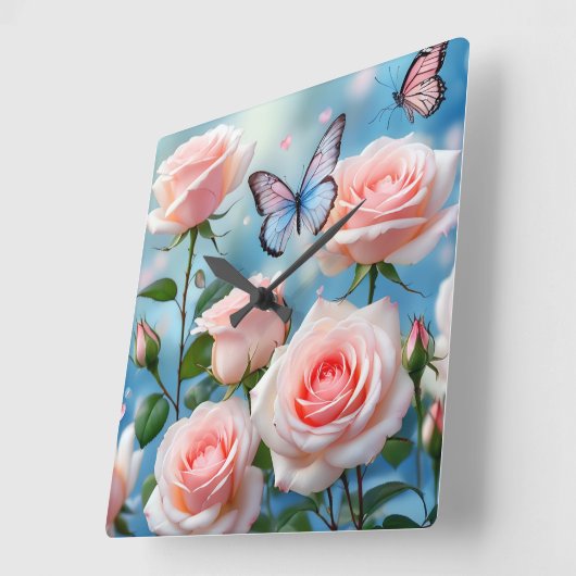 ソフトピンクローズフラワーブルーバタフライ スクエア壁時計 (傾斜)