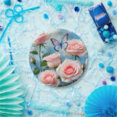 ソフトピンクローズフラワーブルーバタフライ ペーパープレート (パーティー)