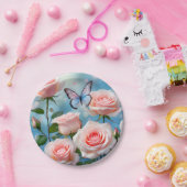 ソフトピンクローズフラワーブルーバタフライ ペーパープレート (パーティー)