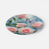 ソフトピンクローズフラワーブルーバタフライ ペーパープレート (アングル)