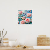 ソフトピンクローズフラワーブルーバタフライ ポスター (キッチン)