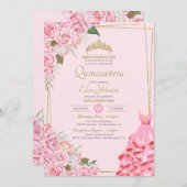 ソフトピンクローズ赤面と金ゴールドフローラキンセアニェラ 招待状 (正面/裏面)