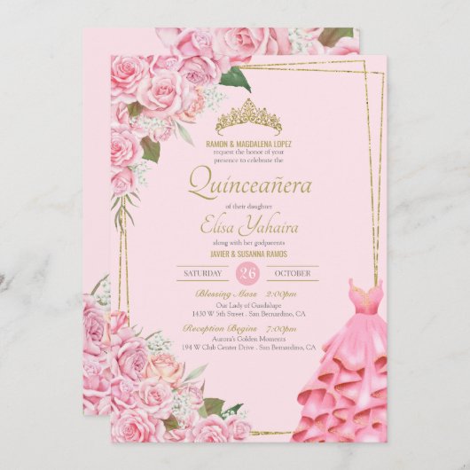 ソフトピンクローズ赤面と金ゴールドフローラキンセアニェラ 招待状 (正面/裏面)