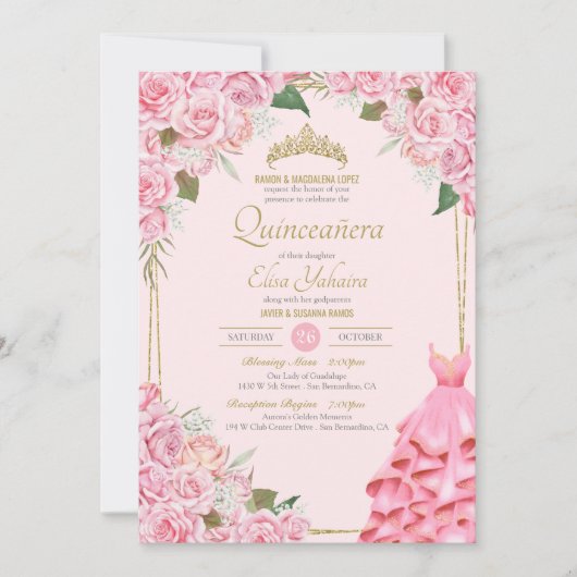 ソフトピンクローズ赤面アンド金ゴールドフローラキンセアニラ 招待状 (正面)