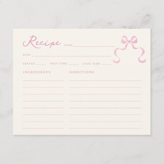 ソフトピンク手引き弓ブライダルシャワーレシピカード エンクロージャーカード (正面)