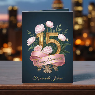 ソフトピンク牡丹と金ゴールド15結婚周年 カード