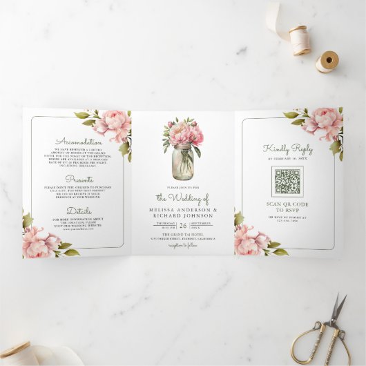 ソフトピンク牡丹の花メイソンジャーQRコード結婚ズ 三つ折り招待状 (内部)