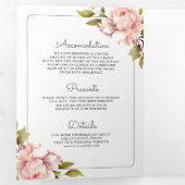 ソフトピンク牡丹の花メイソンジャーQRコード結婚ズ 三つ折り招待状 (内部最初)