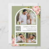 ソフトピンク牡丹の花メイソンジャーQRコード結婚ズ 招待状 (裏面)