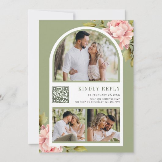 ソフトピンク牡丹の花メイソンジャーQRコード結婚ズ 招待状 (裏面)