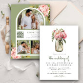 ソフトピンク牡丹の花メイソンジャーQRコード結婚ズ 招待状