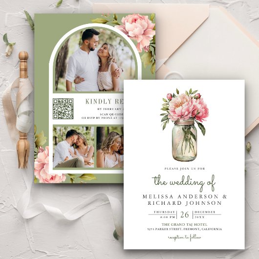 ソフトピンク牡丹の花メイソンジャーQRコード結婚ズ 招待状