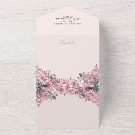 ソフトピンク牡丹エレガントフローラ赤ちゃんシャワー オールインワン招待状 (外側)