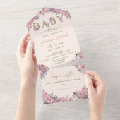 ソフトピンク牡丹エレガントフローラ赤ちゃんシャワー オールインワン招待状 (貼ってはがせる)