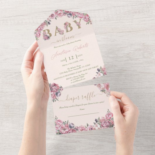 ソフトピンク牡丹エレガントフローラ赤ちゃんシャワー オールインワン招待状 (貼ってはがせる)