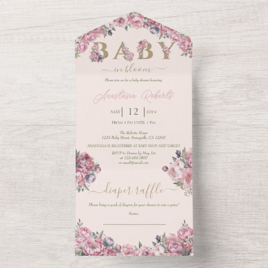 ソフトピンク牡丹エレガントフローラ赤ちゃんシャワー オールインワン招待状 (内側)