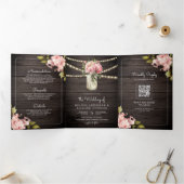 ソフトピンク牡丹メイソンジャーQRコードウッド結婚ズ 三つ折り招待状 (内部)