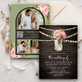 ソフトピンク牡丹メイソンジャーQRコードウッド結婚ズ 招待状