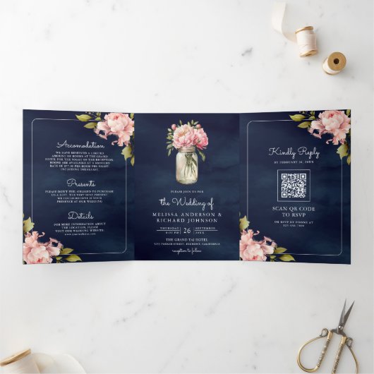 ソフトピンク牡丹メイソンジャーQRコード海軍結婚ズ 三つ折り招待状 (内部)