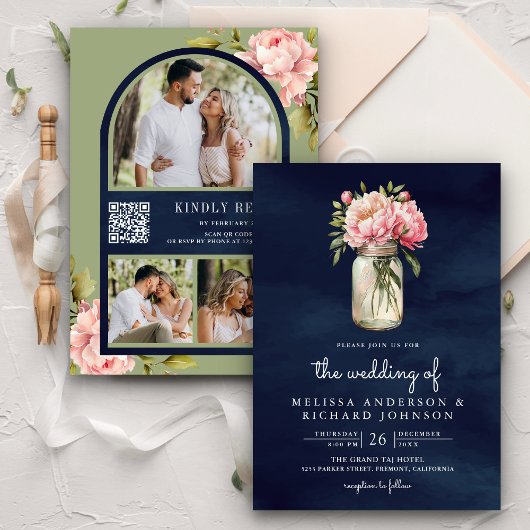 ソフトピンク牡丹メイソンジャーQRコード海軍結婚ズ 招待状