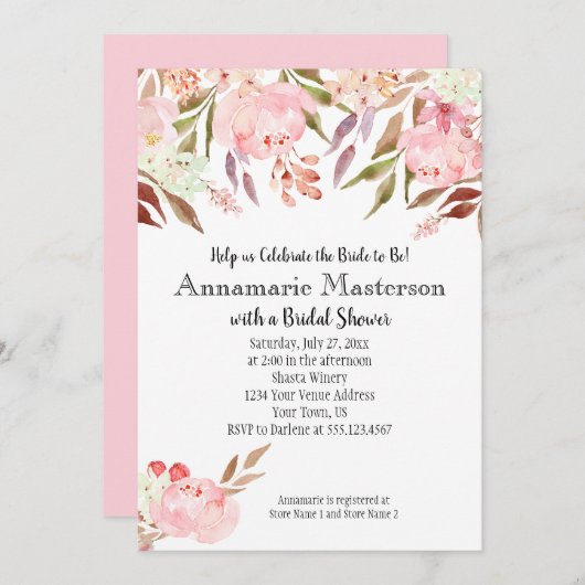 ソフトピンク牡丹ワイルドフラワー離れズブライダルシャワー 招待状 (正面/裏面)