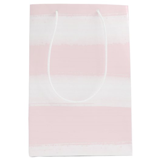 ソフトピンク白いストライプ水彩赤ちゃんシャワー ミディアムペーパーバッグ (正面)
