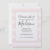 ソフトピンク白ストライプ色誕生日 招待状 (正面)