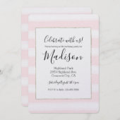 ソフトピンク白ストライプ色誕生日 招待状 (正面/裏面)