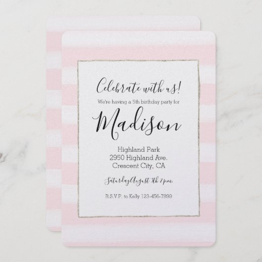ソフトピンク白ストライプ色誕生日 招待状 (正面/裏面)