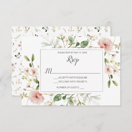 ソフトピンク花花びらフローラ結婚式RSVP 招待状 (正面/裏面)