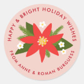 ソフトピンク赤ポインセティアクリスマスホリデーギフト ラウンドシール (正面)