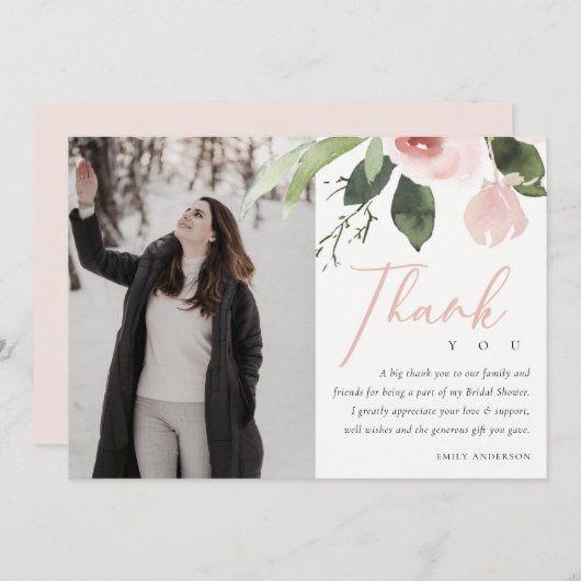 ソフトピンク赤面バラブライダルシャワーありがとう写真 招待状 (正面/裏面)