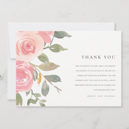 ソフトピンク赤面バラ水彩フローラ結婚ズ サンキューカード (正面)