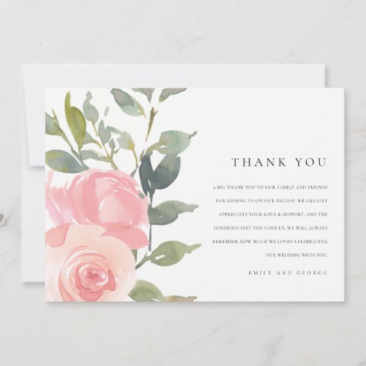 ソフトピンク赤面バラ水彩フローラ結婚ズ サンキューカード (正面)